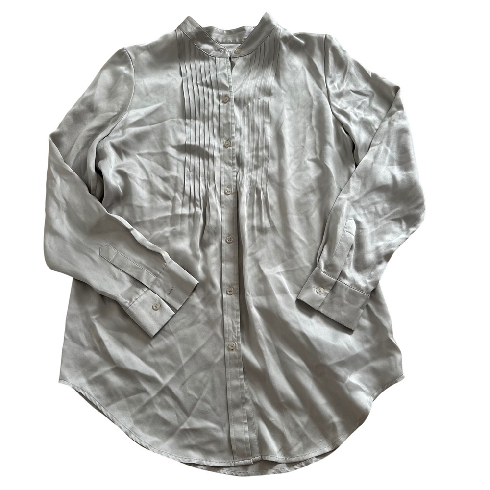 INC International Concepts Women 8 Grey 100% Silk Pintuck Mandarin Blouse Top